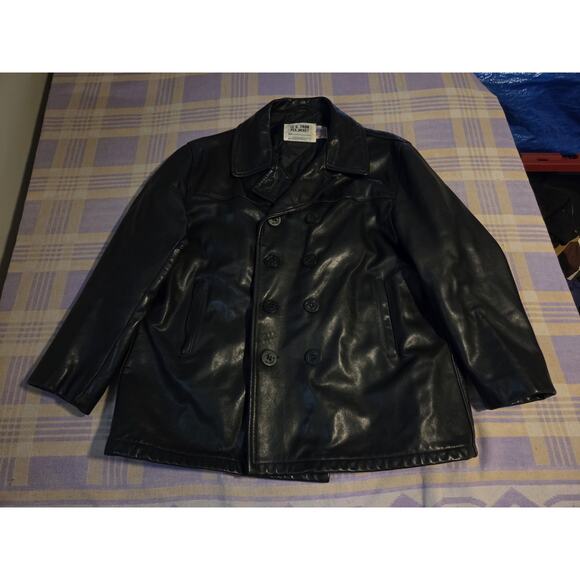 VTG Schott Bros US 740N Pea Coat Leather Jacket Black Made In USA Mens Size 48